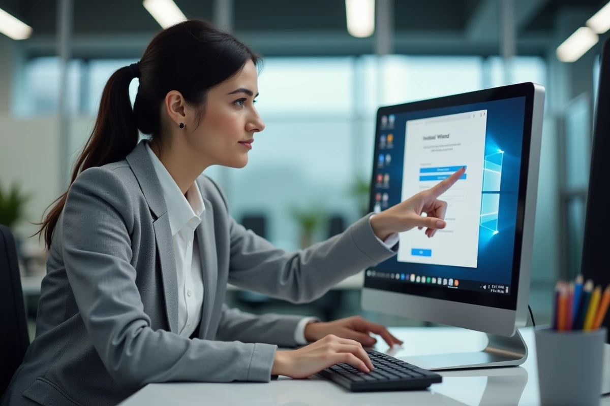 Femme installant un logiciel CAP RLA sur un ordinateur de bureau dans un environnement de travail professionnel