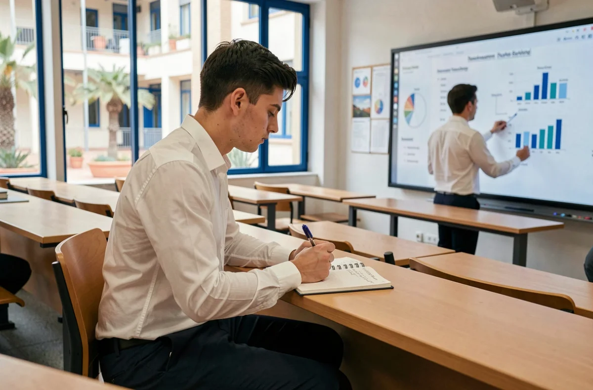 Étudiant en BTS ou DUT gestion et management à l'IUT de Nice prenant des notes lors d'un cours en amphithéâtre