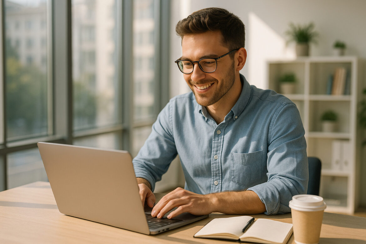 Jeune adulte souriant travaillant sur un ordinateur dans un bureau lumineux