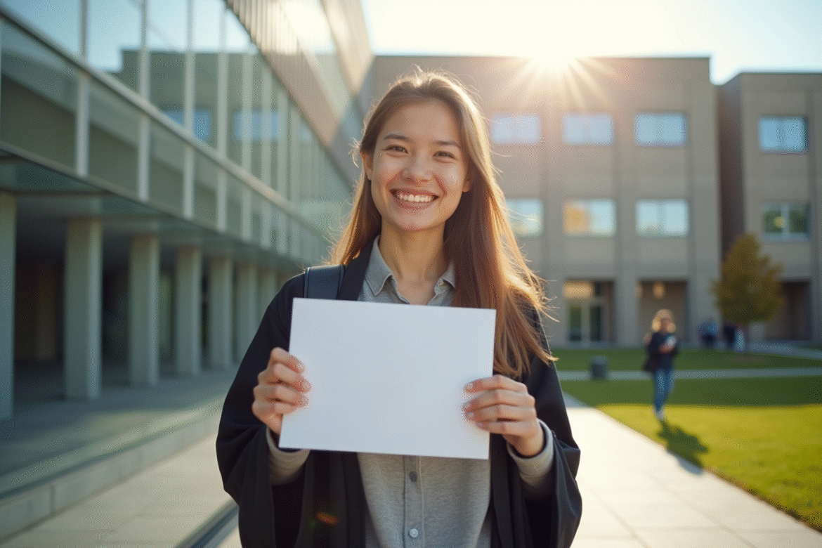 Jeune adulte avec diplôme devant université moderne