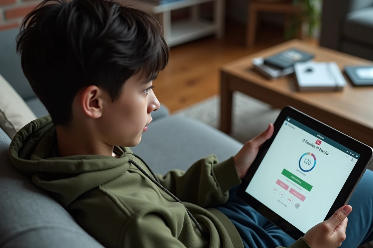 Jeune adulte consultant les résultats d'un test de QI en ligne sur une tablette avec un message d'accès payant affiché