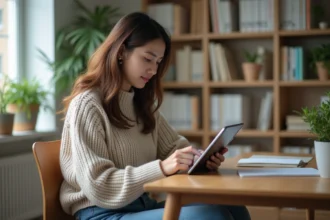 Jeune femme utilisant une application de mémoire sur tablette dans un bureau cosy