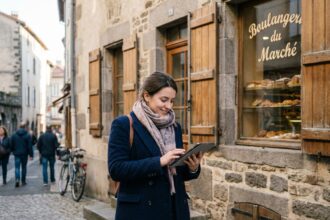 Jeune femme en blazer navy devant une boulangerie à SaintFlour
