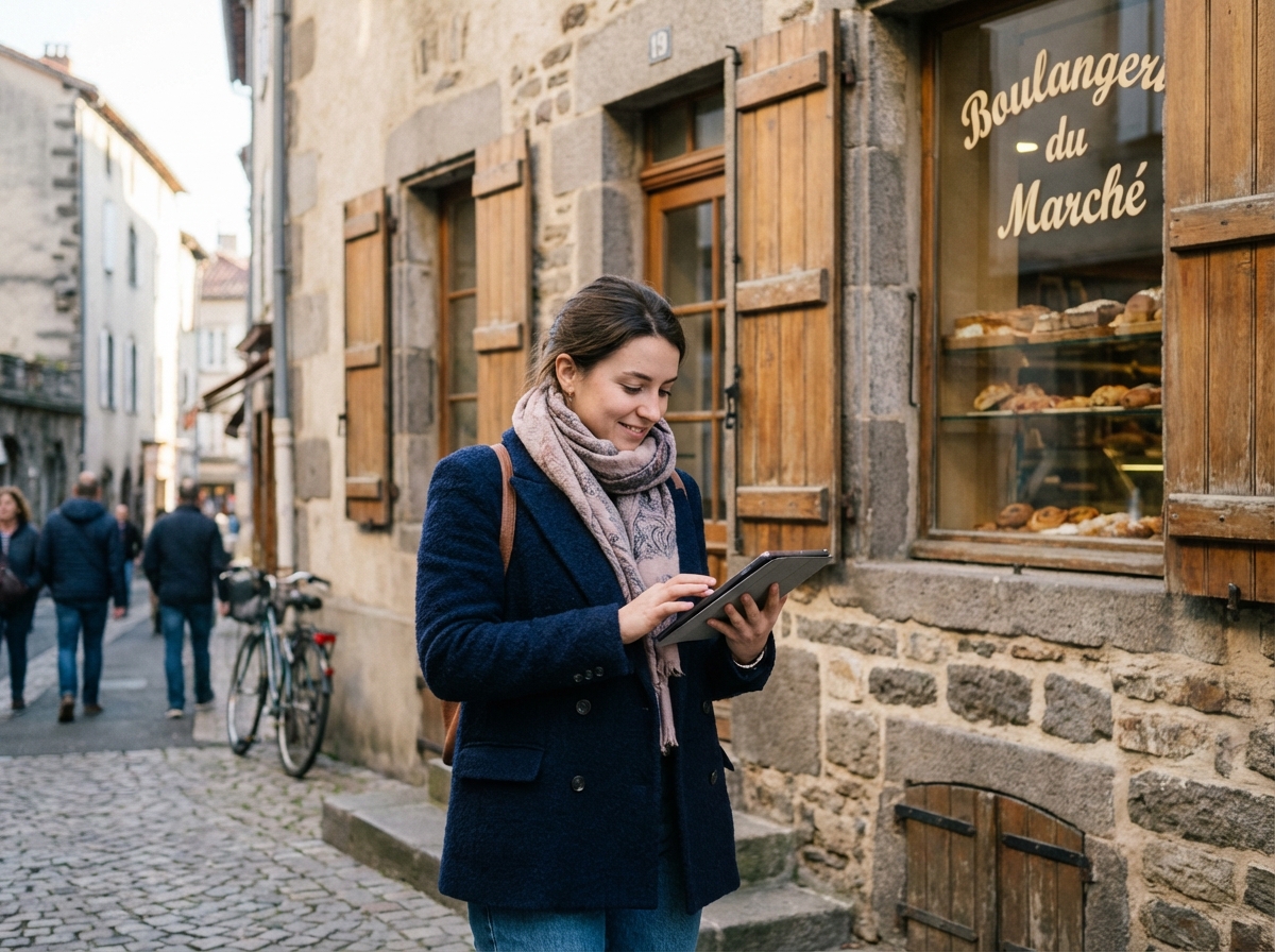 Jeune femme en blazer navy devant une boulangerie à SaintFlour
