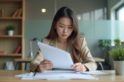 Jeune femme au bureau consulte ses papiers d internship