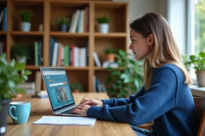Jeune femme concentrée sur son ordinateur dans un bureau moderne