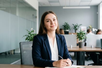 Jeune femme en blazer navy dans un bureau moderne