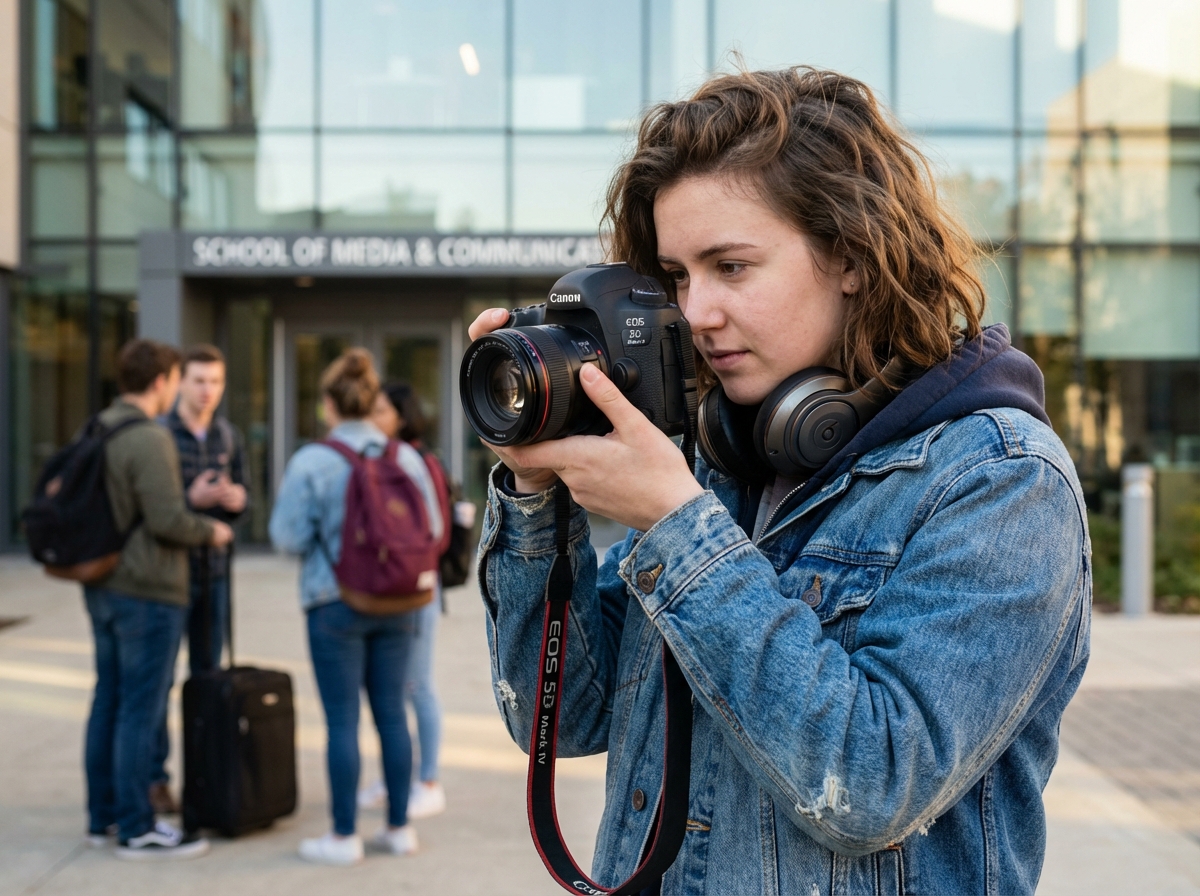 Jeune femme avec un appareil photo devant un bâtiment universitaire