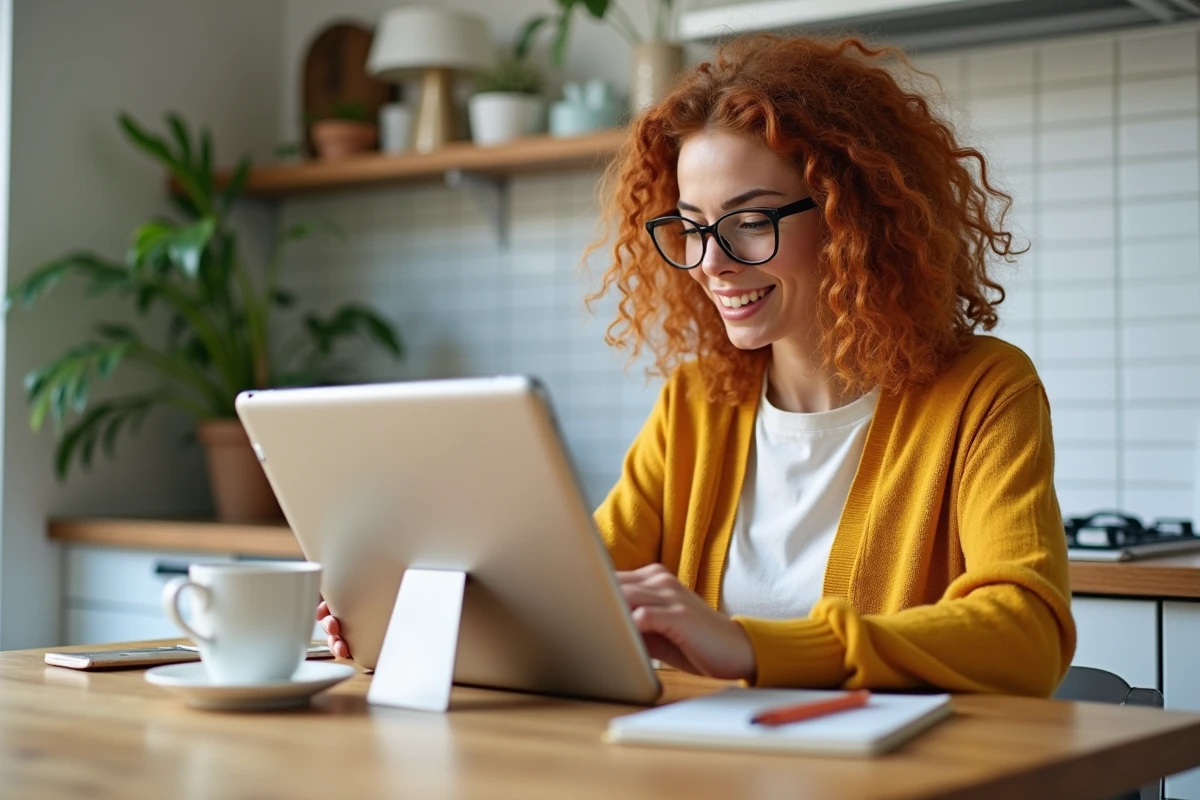 Jeune femme utilisant une tablette pour suivre un cours sur la plateforme Moodle depuis sa cuisine avec un carnet de notes et un café