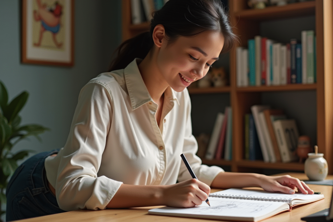 Jeune femme en train de dessiner des poses d'animation dans un studio