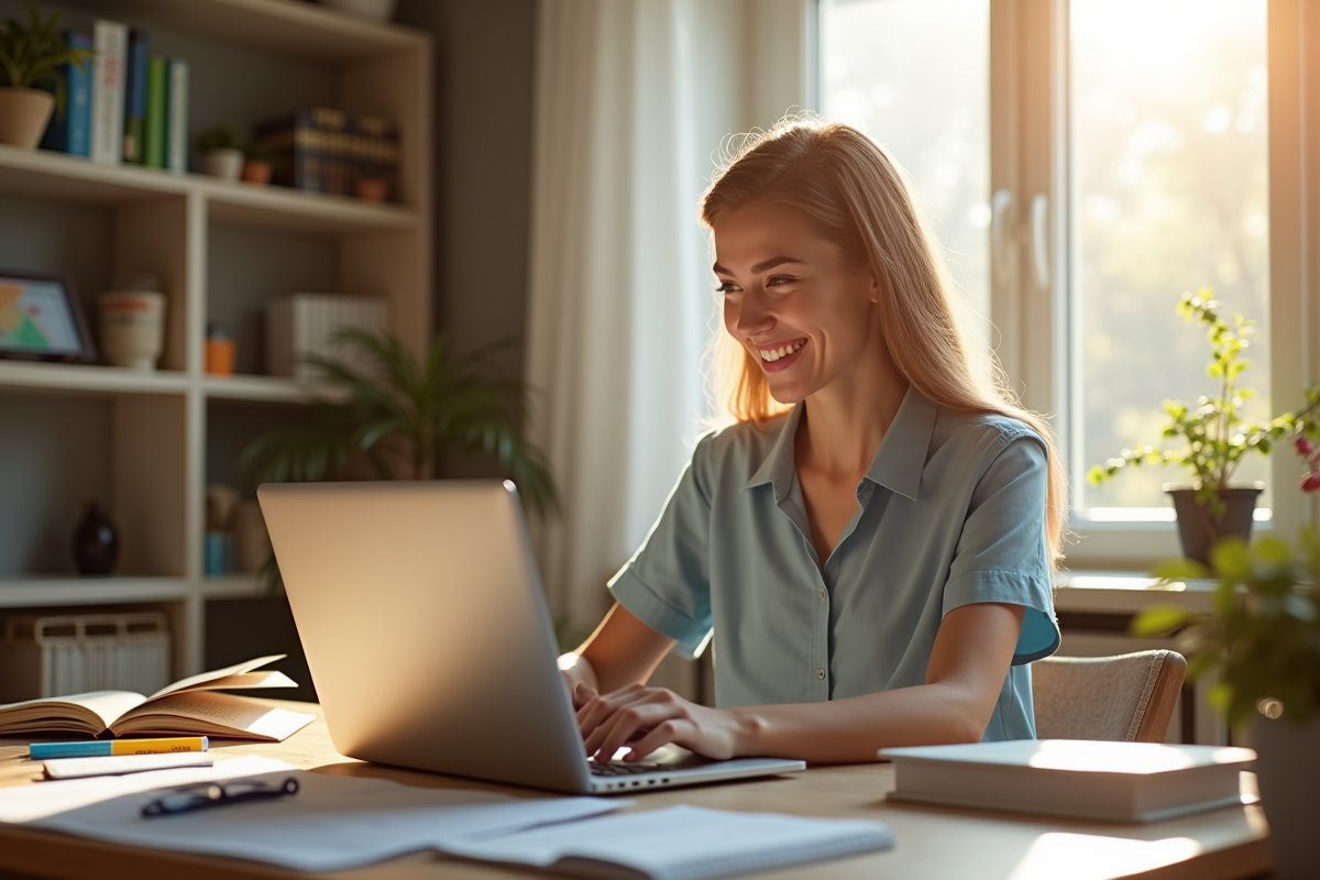 Jeune femme souriante à la maison utilisant Moodle sur son ordinateur