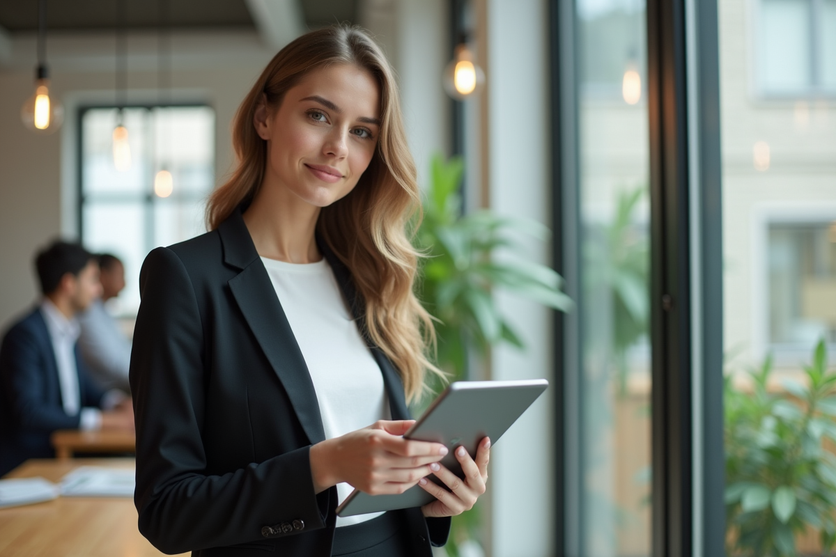 Jeune femme entrepreneure avec tablette dans un espace coworking