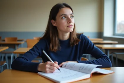 Jeune femme en étude de probabilite dans une salle moderne