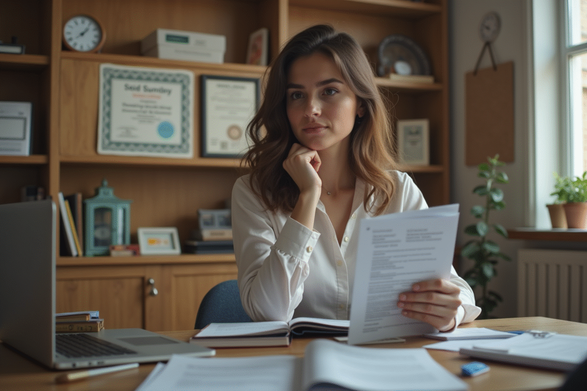 Jeune femme en étude avec brochures et livres dans un espace cosy