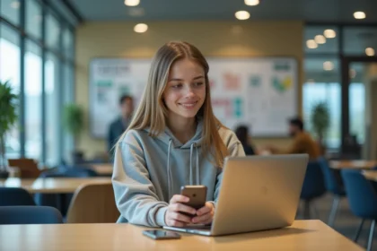 Jeune femme en lounge universitaire avec ordinateur et smartphone