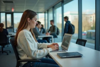 Jeune femme en sweater checkant ses emails à Nanterre