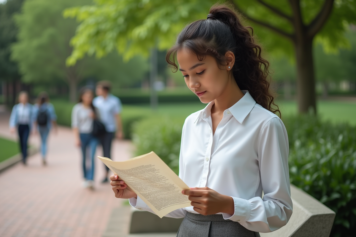 Jeune femme étudie un poème en plein air dans un parc