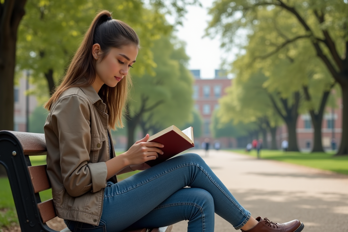 Jeune femme lisant dans un parc en milieu urbain