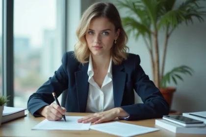 Jeune femme signant une lettre de motivation dans un bureau