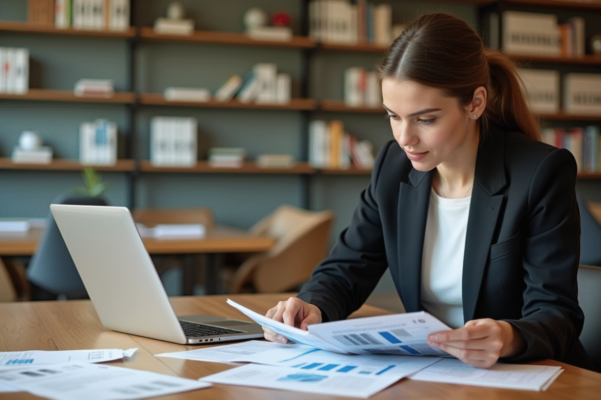 Jeune femme en business attire consulte brochures finance