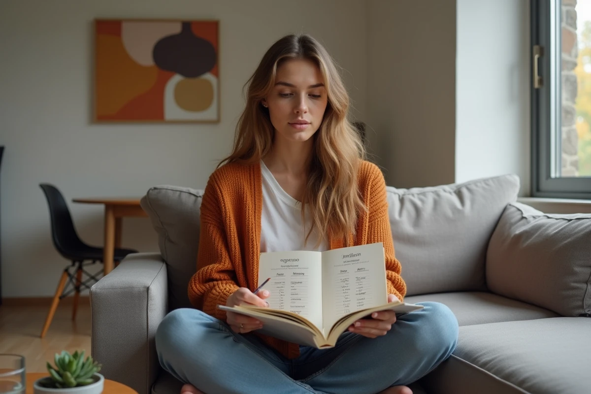 Jeune femme révisant les différences entre le passé simple et le présent du verbe tener dans un cahier d'exercices