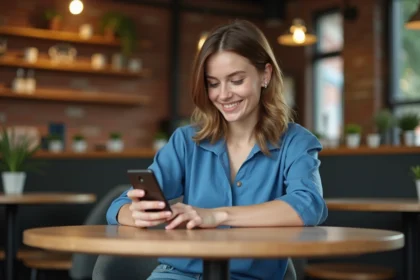 Jeune femme concentrée sur son smartphone dans un café moderne