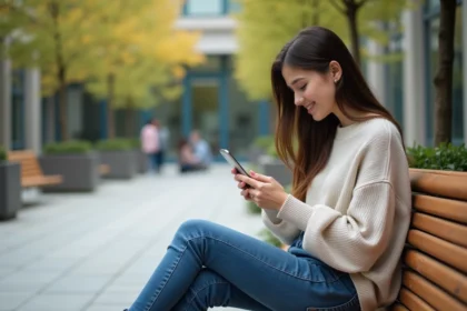 Jeune femme assise sur un banc dans un cour calme avec smartphone