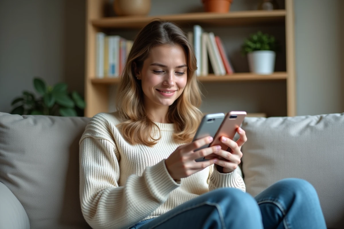 Jeune femme assise chez elle utilisant son smartphone