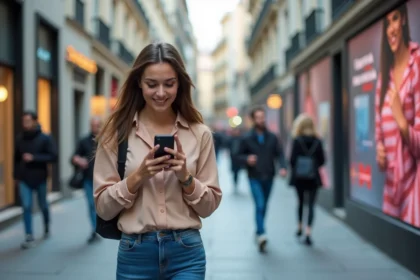 Jeune femme espagnole parlant au smartphone dans la ville