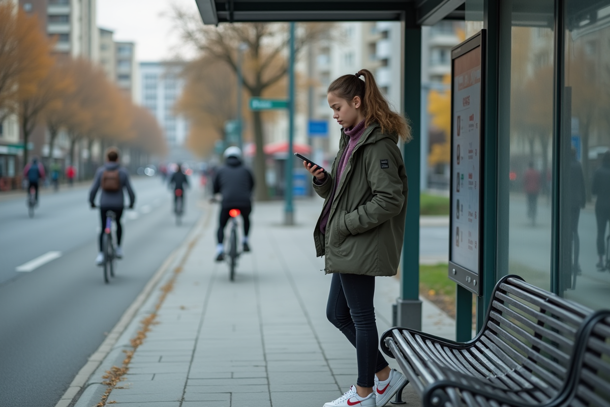 Jeune fille contemplant son téléphone à un arrêt de bus