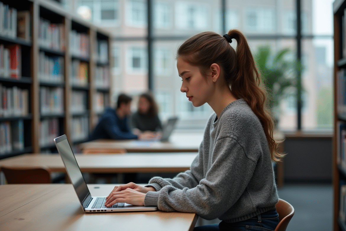 Jeune femme à la bibliothèque utilisant MJM Cloud