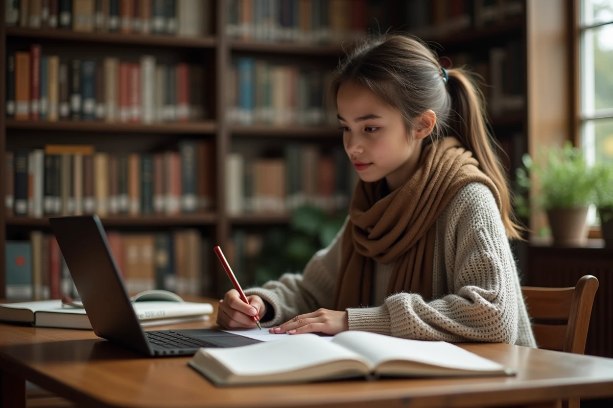 Jeune femme à la bibliothèque en train d