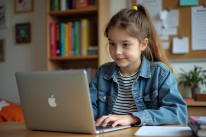 Jeune fille en denim et tshirt à rayures à son bureau