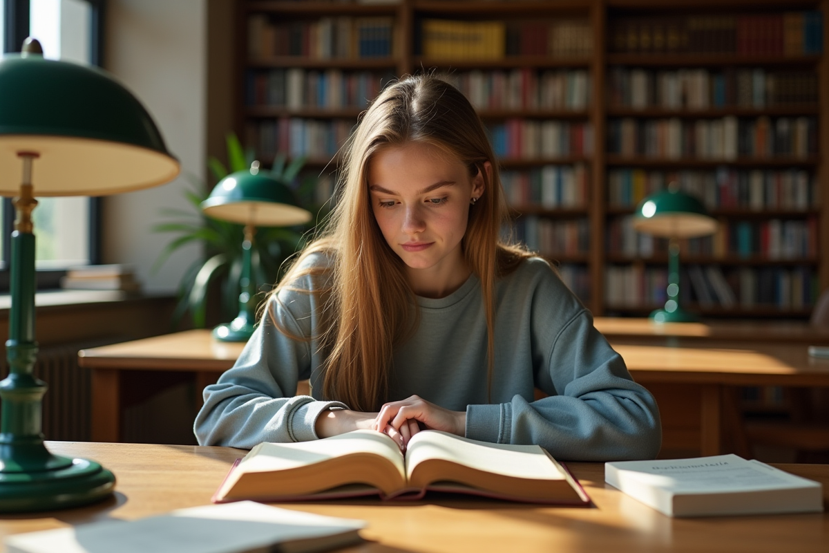 Jeune fille lisant un dictionnaire français à la bibliothèque