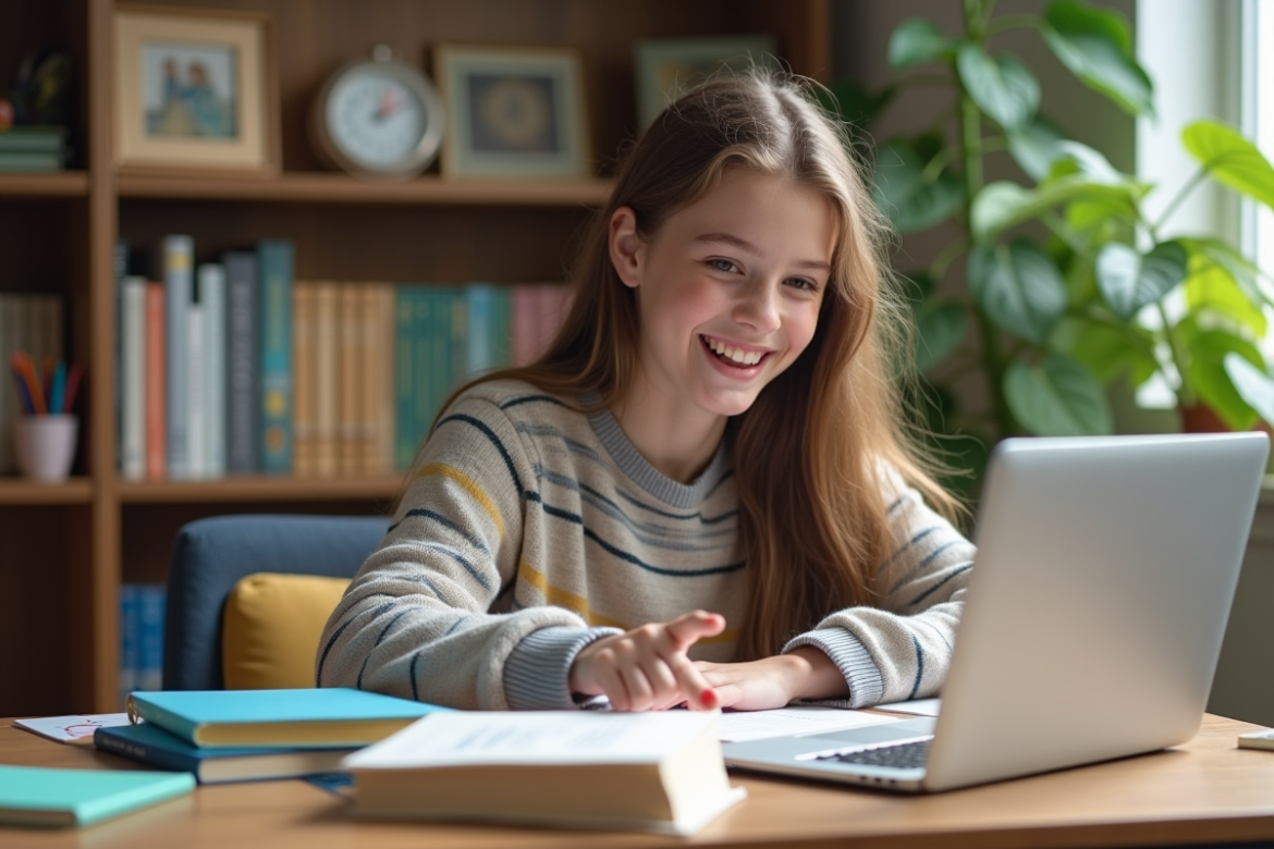 Jeune fille souriante en étude dans un coin lumineux