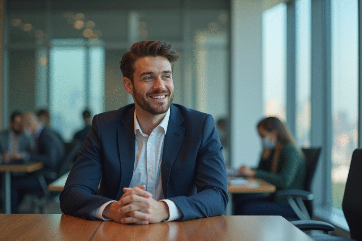 Jeune homme d'affaires en costume dans une réunion