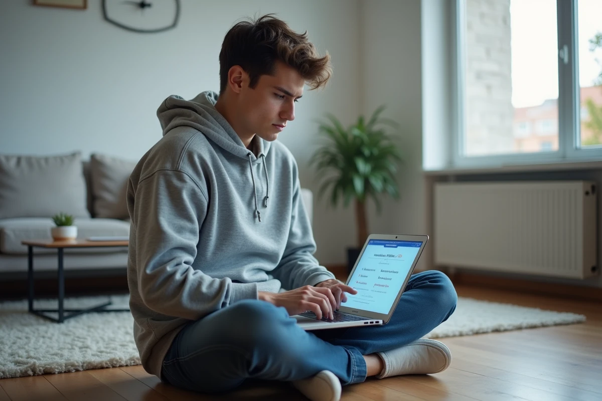 Jeune homme apprenant le passé simple espagnol en ligne sur un ordinateur portable dans un appartement moderne