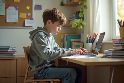 Jeune adolescent concentré sur son ordinateur dans sa chambre