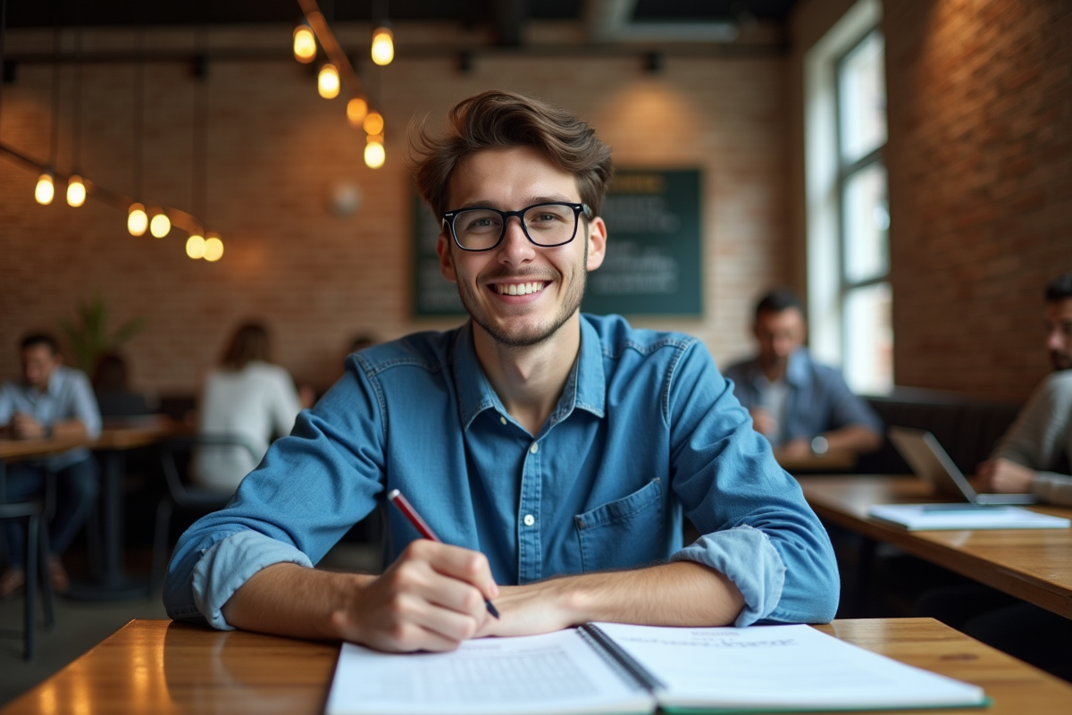 Jeune homme au café étudiant en train de prendre des notes