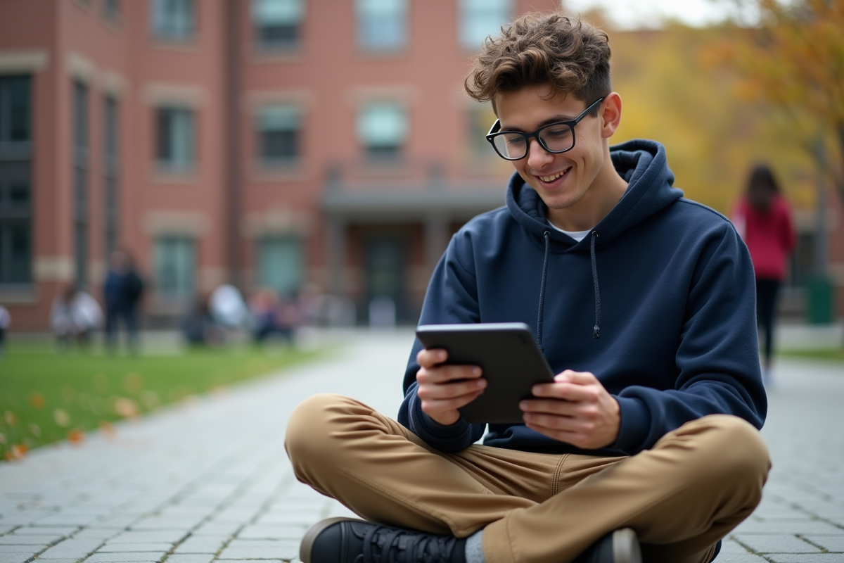 Jeune homme dans la cour universitaire utilisant MJM Cloud