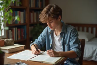 Adolescent concentré à étudier dans sa chambre