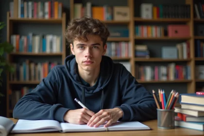 Jeune homme concentré en étude dans une salle moderne