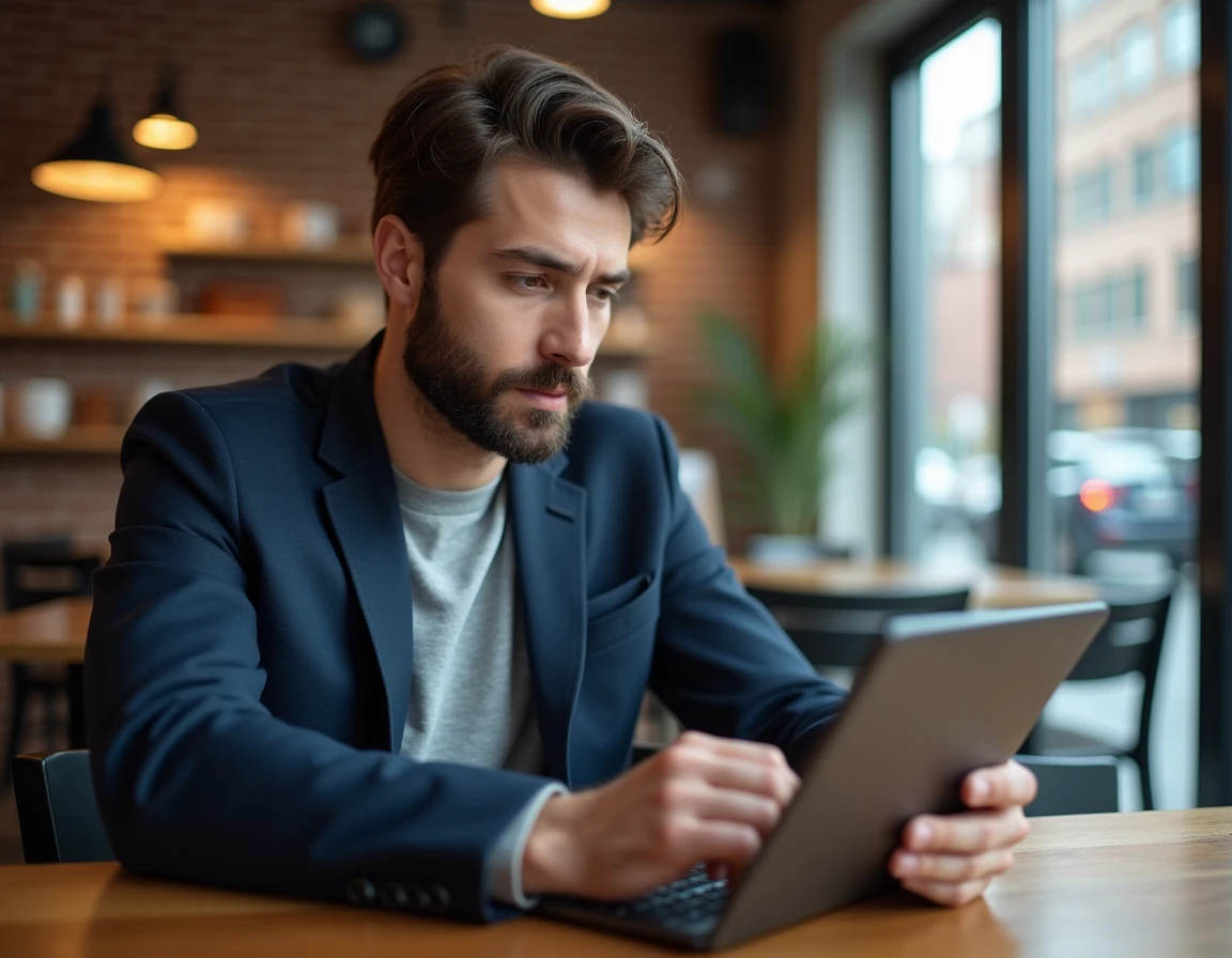 Jeune homme consultant une plateforme de recrutement sur tablette dans un café pour optimiser sa candidature