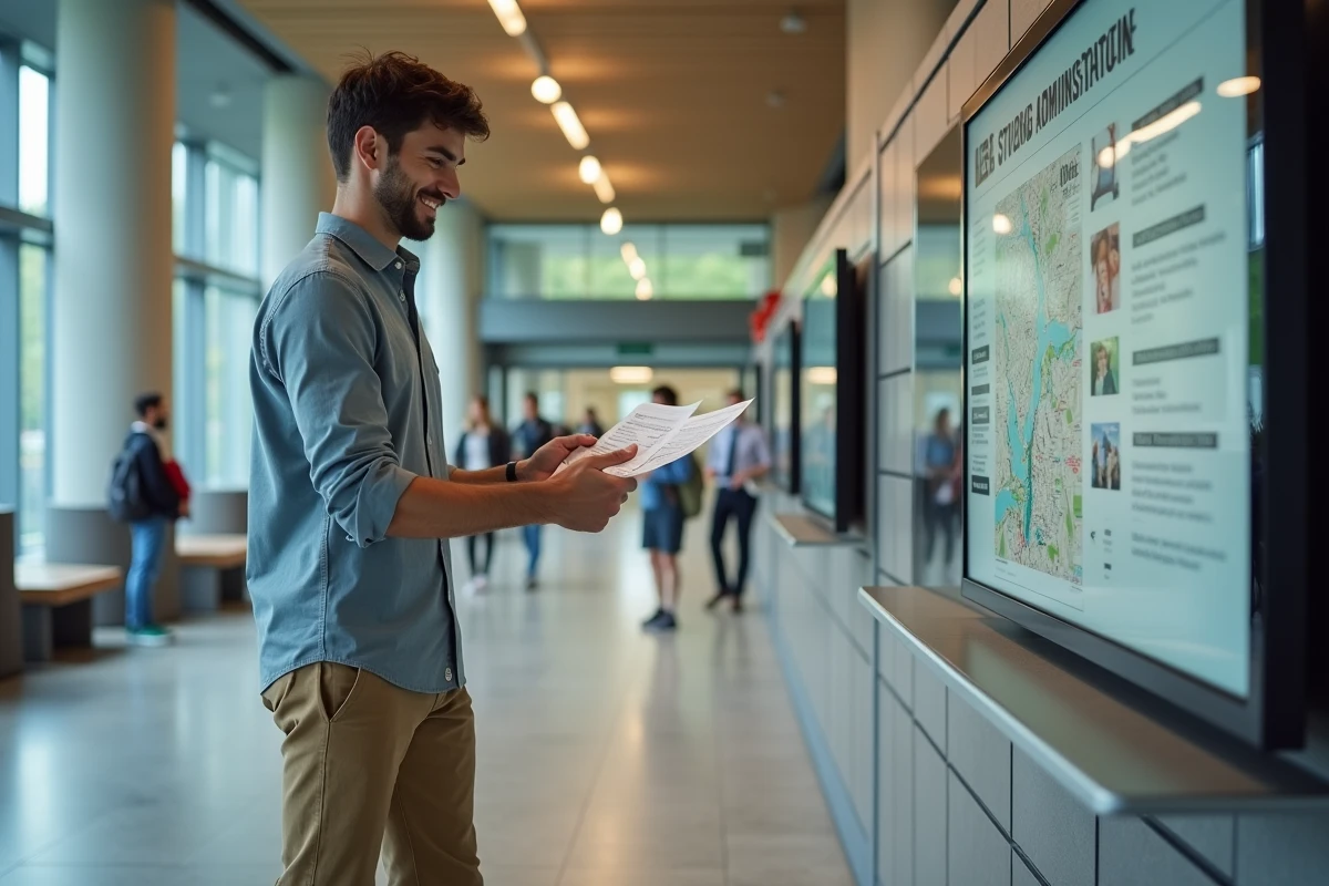 Jeune homme consultant brochure et carte dans hall universitaire