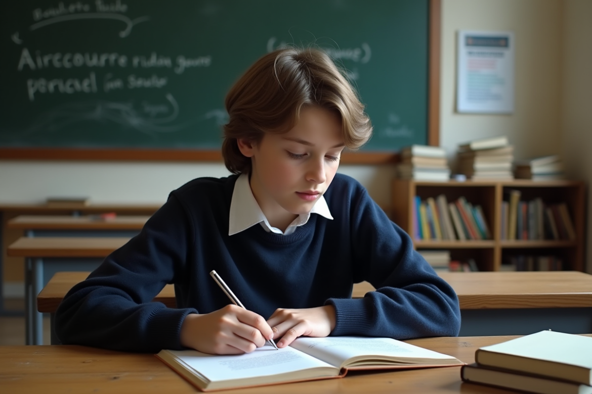 Adolescent lisant un livre de littérature française en classe