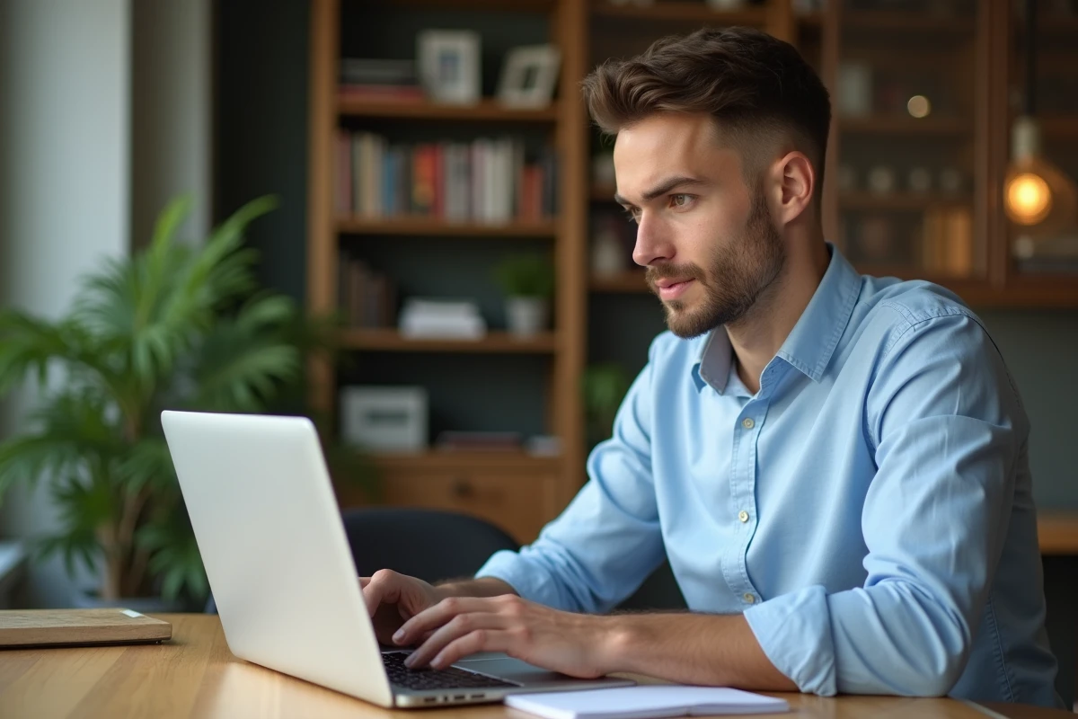 Jeune homme relisant son courrier sur un ordinateur portable