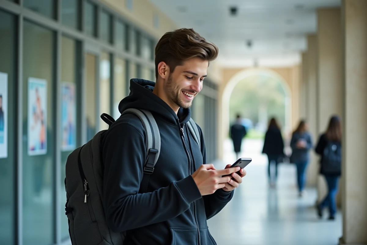 Jeune homme souriant dans un couloir lumineux avec smartphone
