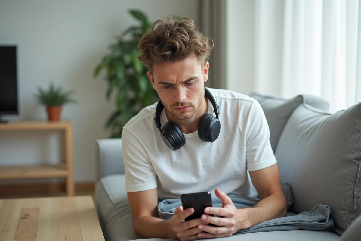 Jeune homme vérifiant la fiabilité d'un test de QI gratuit sur son smartphone depuis son canapé