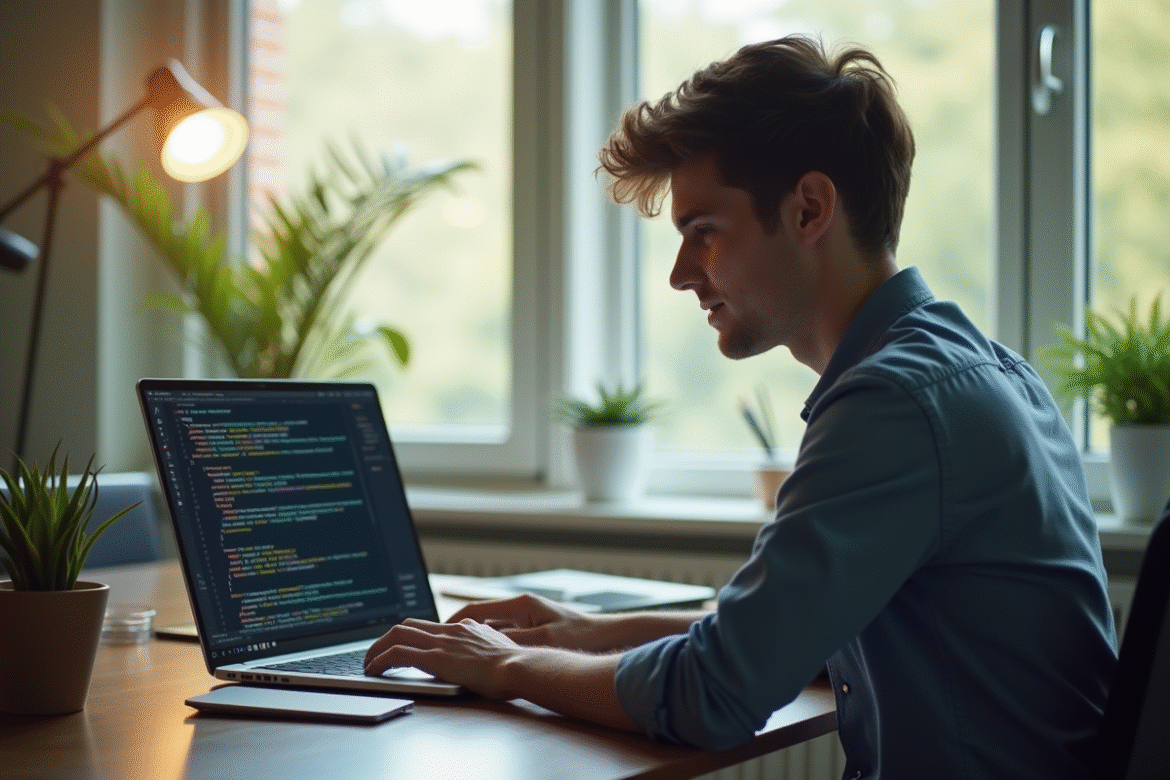Jeune professionnel travaillant sur un ordinateur portable dans un bureau lumineux