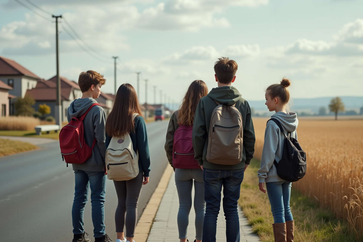 Jeunes au arrêt de bus dans zone périurbaine